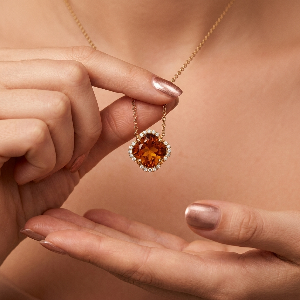Citrine & Diamond Halo Necklace
