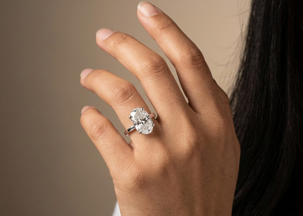 A close-up of a hand wearing a silver-toned diamond engagement ring, with the hand resting against a neutral beige background.