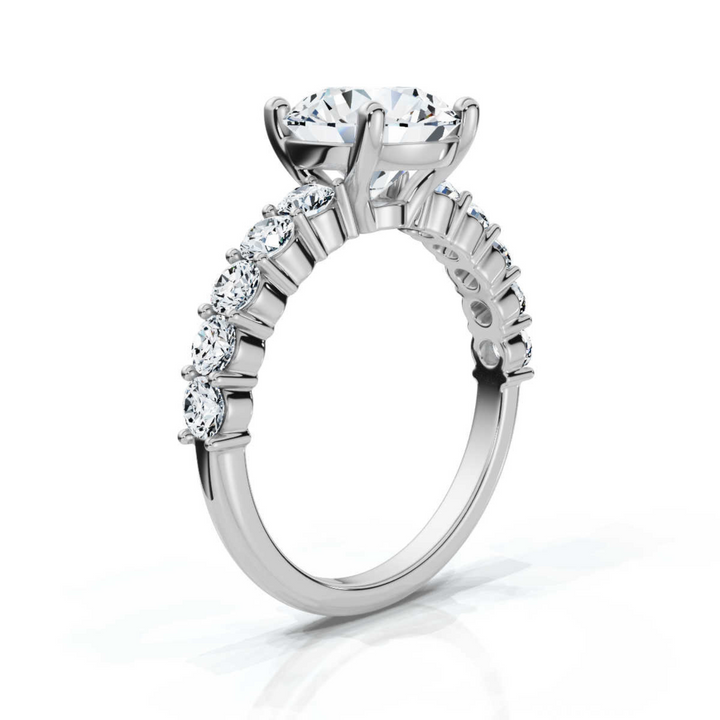 Sophisticated accented round shared prong ring featuring a brilliant round-cut center diamond, complemented by shimmering accent stones in a timeless shared prong setting.