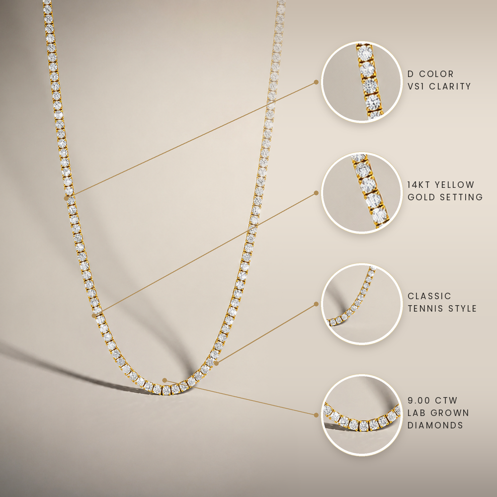9ctw Diamond Lab Grown Tennis Yellow Gold Necklace