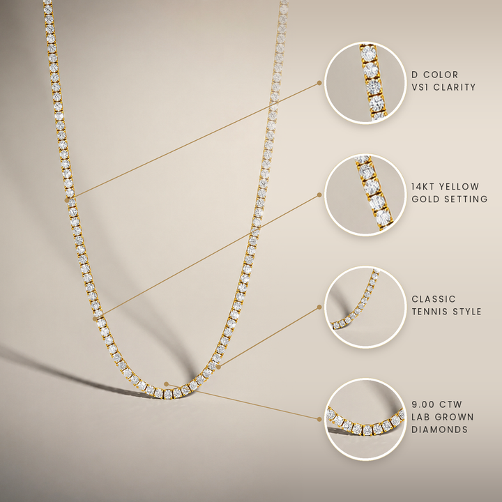 9ctw Diamond Lab Grown Tennis Yellow Gold Necklace