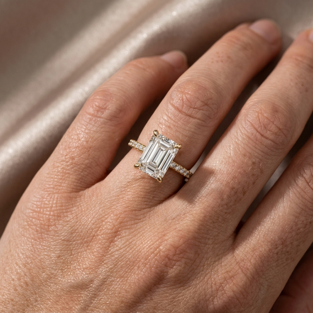 Accented emerald cut diamond engagement ring, close-up view