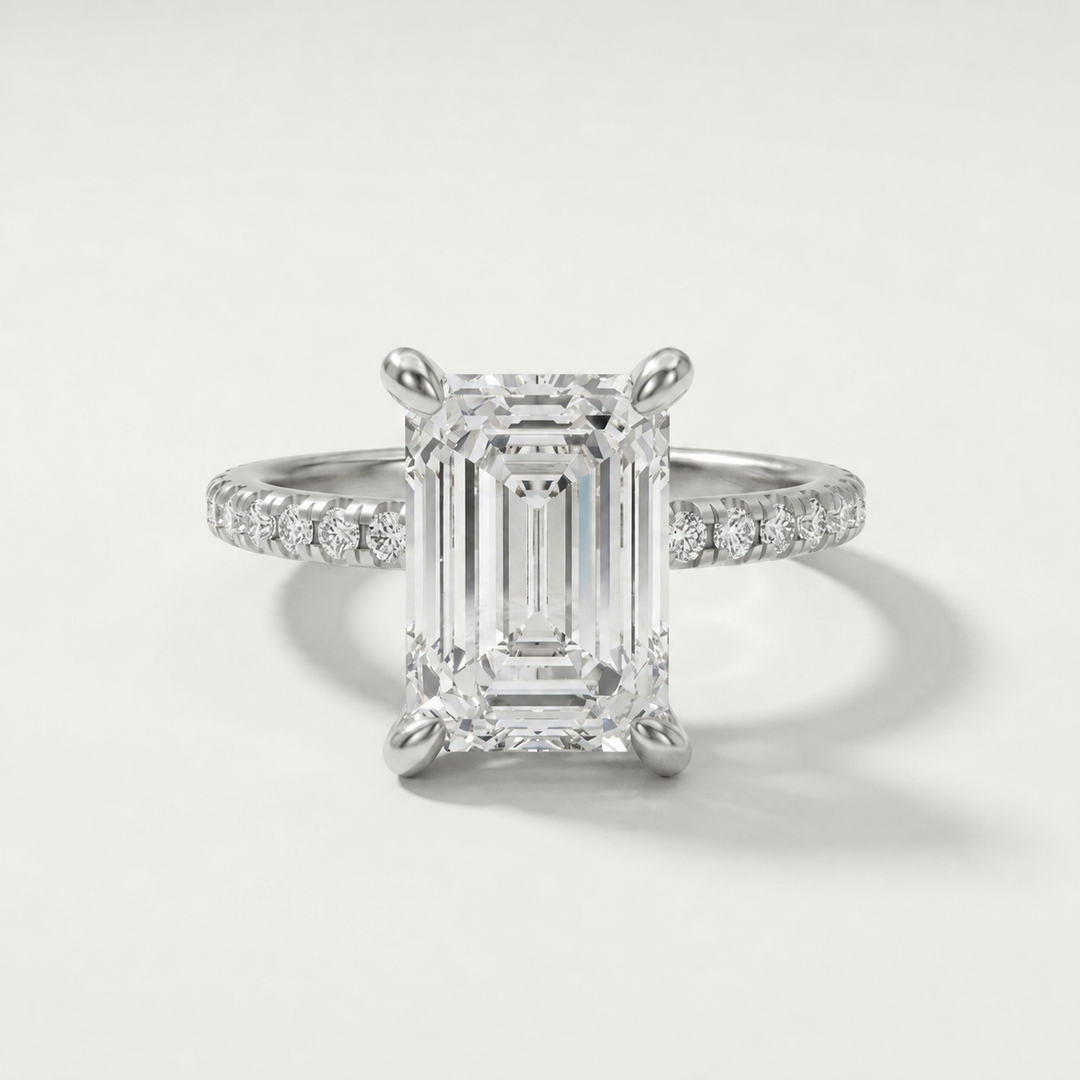 Accented emerald cut diamond engagement ring, alternate view