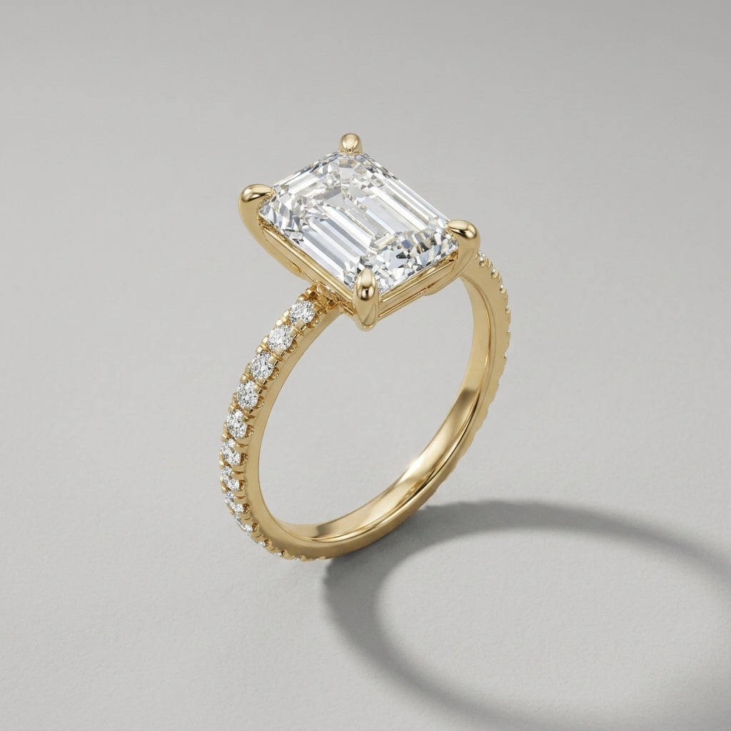 Accented emerald cut diamond engagement ring, additional view