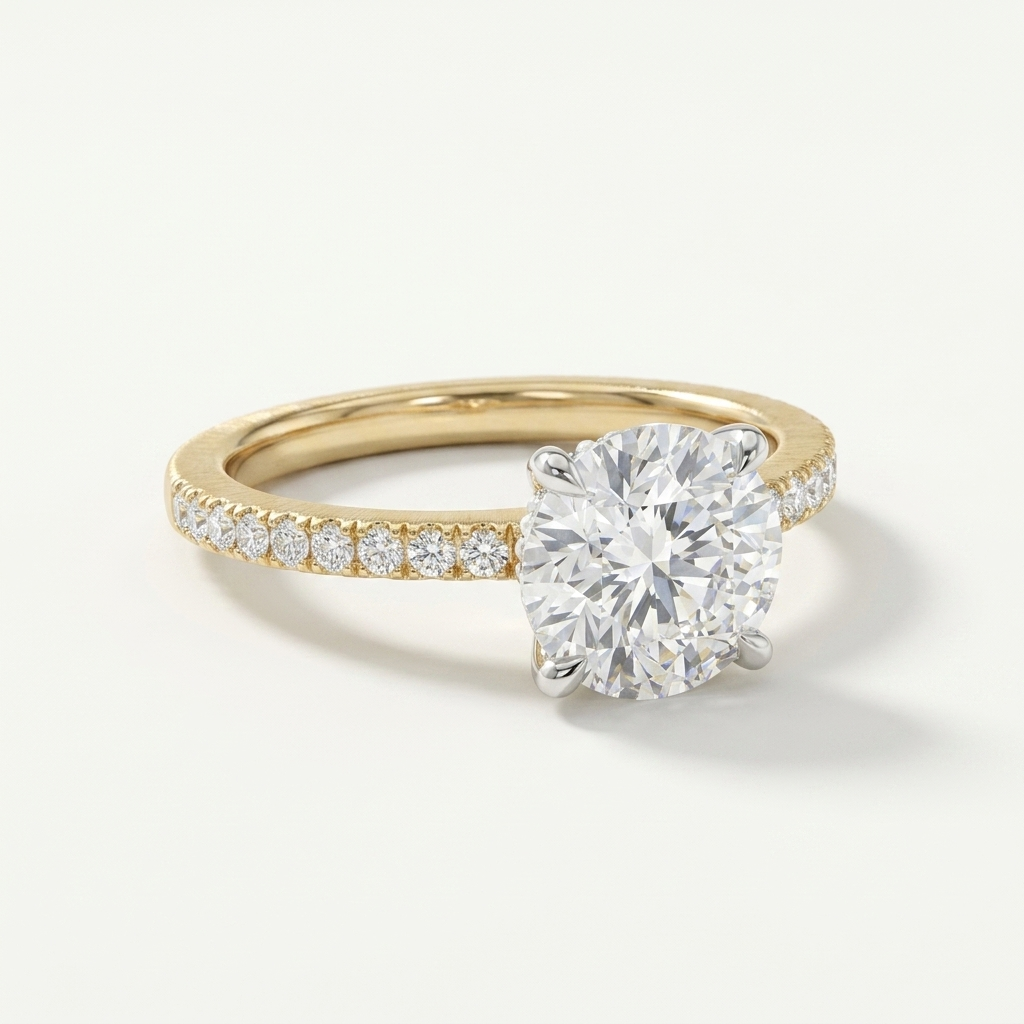 Round accented diamond engagement ring, detail view