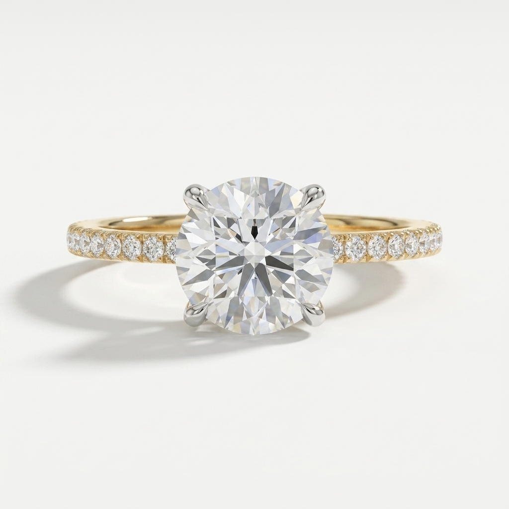 Round diamond engagement ring on a shared prong diamond band