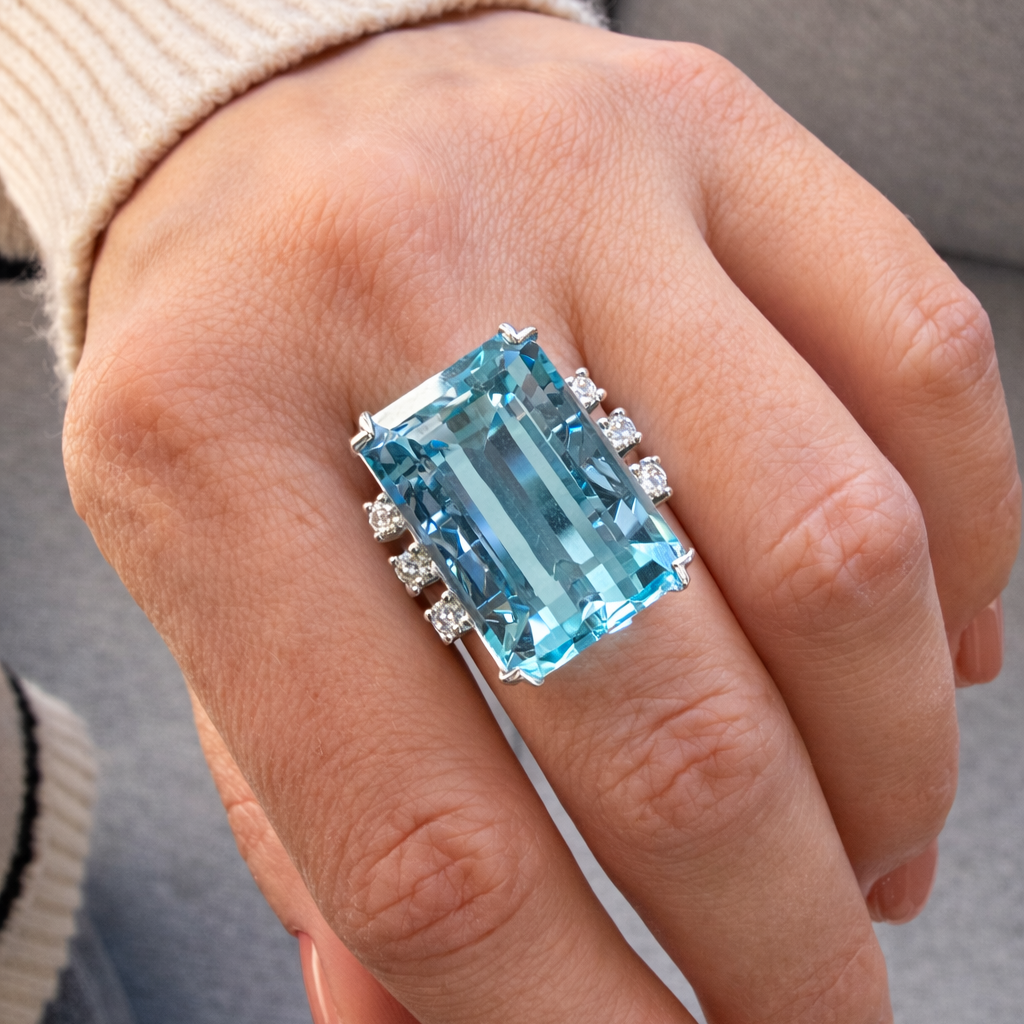 Emerald Cut Aquamarine & Diamond Ring