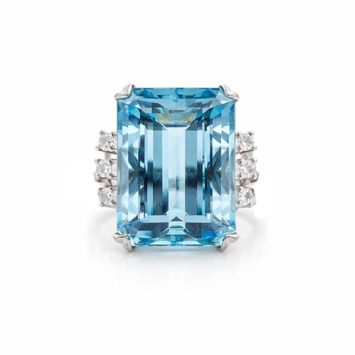 Emerald Cut Aquamarine & Diamond Ring