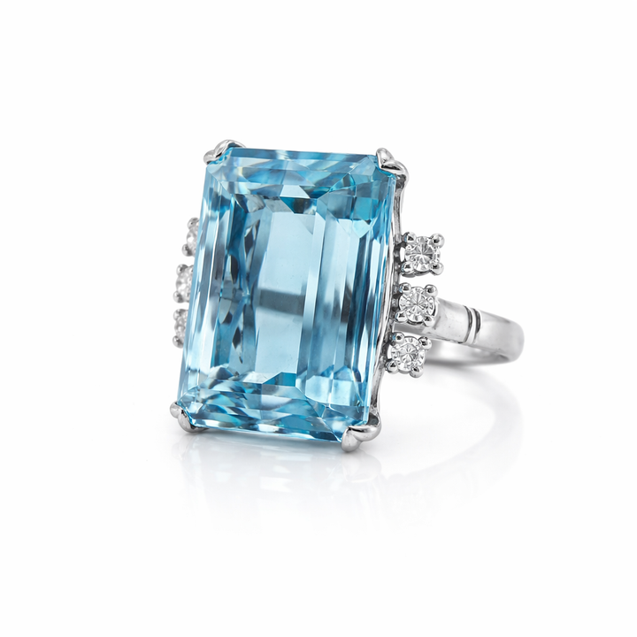 Emerald Cut Aquamarine & Diamond Ring