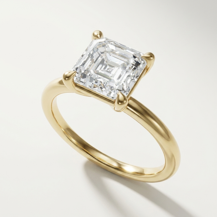 Asscher cut diamond solitaire engagement ring, detail view
