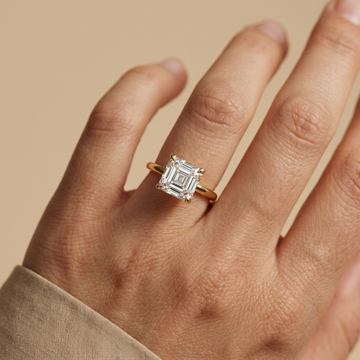 Asscher cut diamond solitaire engagement ring, close-up view