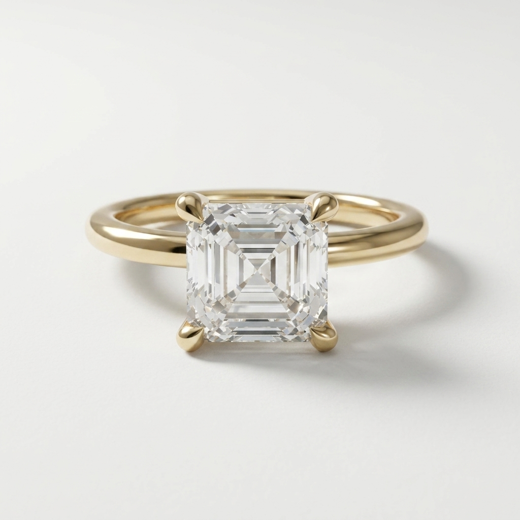 Asscher cut diamond solitaire engagement ring on a petite band