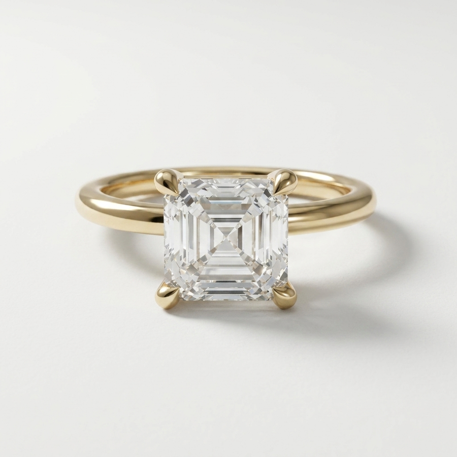 Asscher cut diamond solitaire engagement ring on a petite band