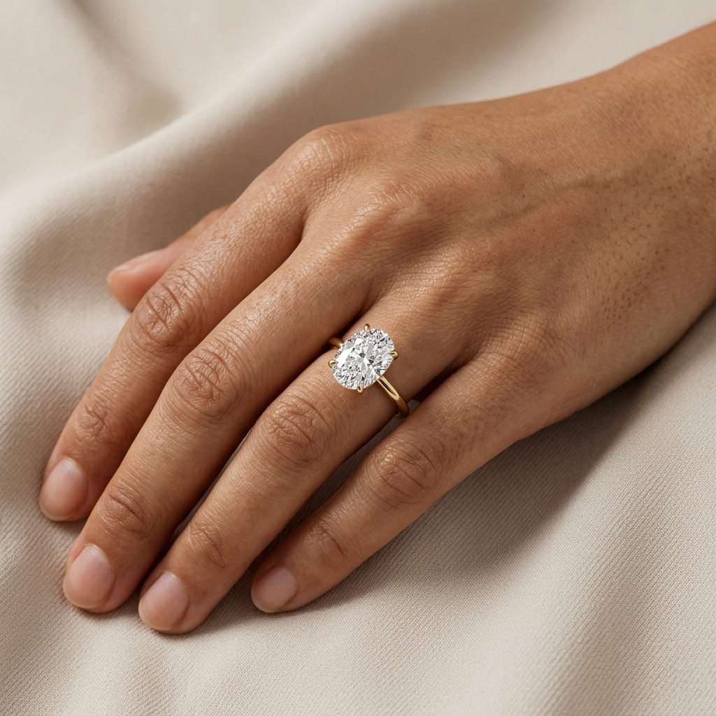 Elongated cushion diamond solitaire engagement ring, detail view