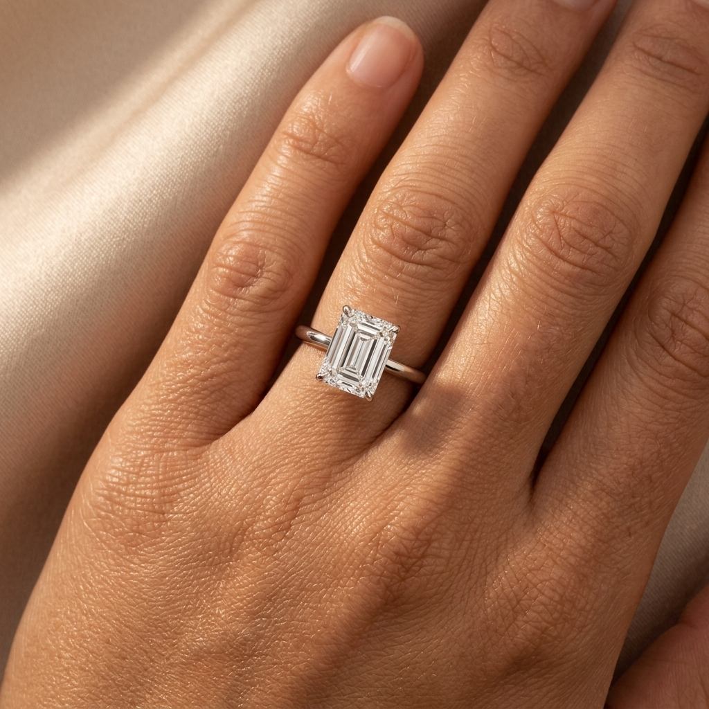 A close-up of a hand wearing a silver engagement ring with a rectangular baguette-cut diamond. The ring is set on a soft, light beige satin fabric background.