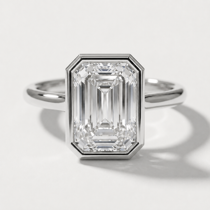 Bezel set emerald cut diamond solitaire ring, alternate view