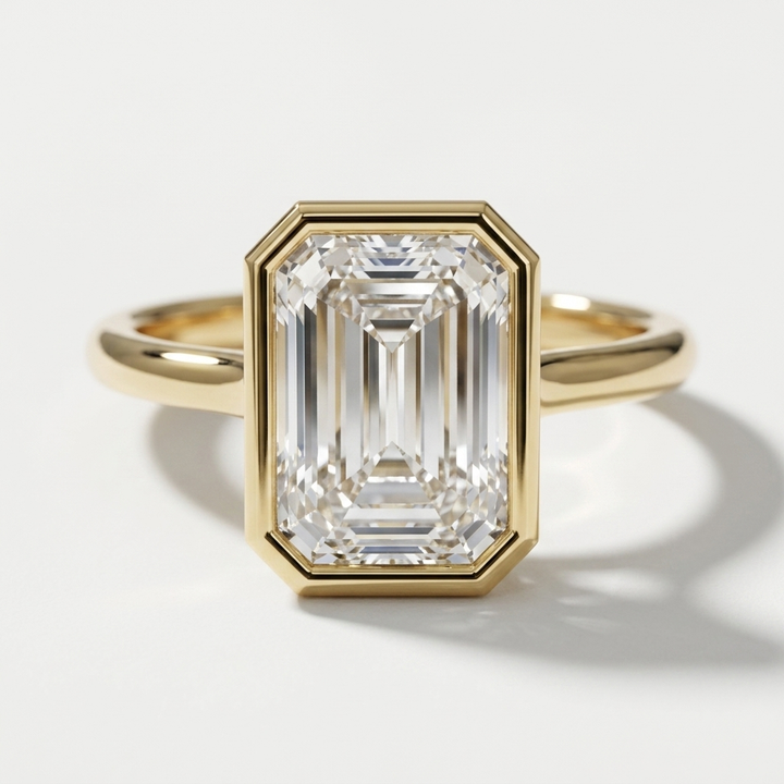 3.00cts Emerald Cut Lab Grown Bezel Set Yellow Gold Ring