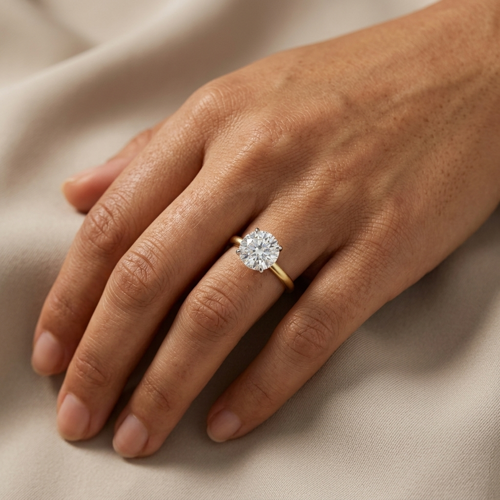 Round Diamond set in a 4 Prong two tone gold solitaire mounting on a woman's hand