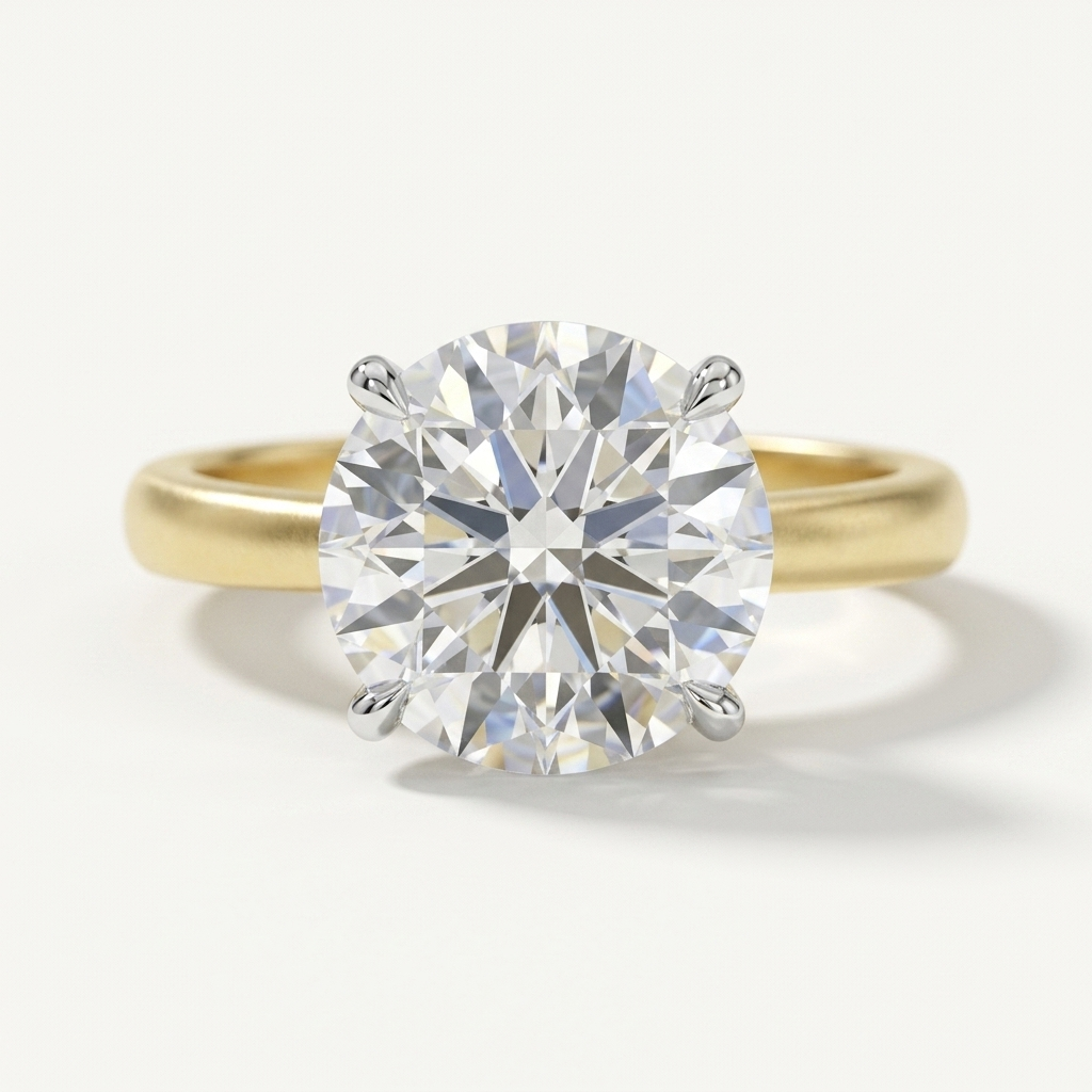 A classic solitaire engagement ring featuring a round brilliant-cut diamond set in a yellow gold band with a four-prong setting, photographed on a clean white background.