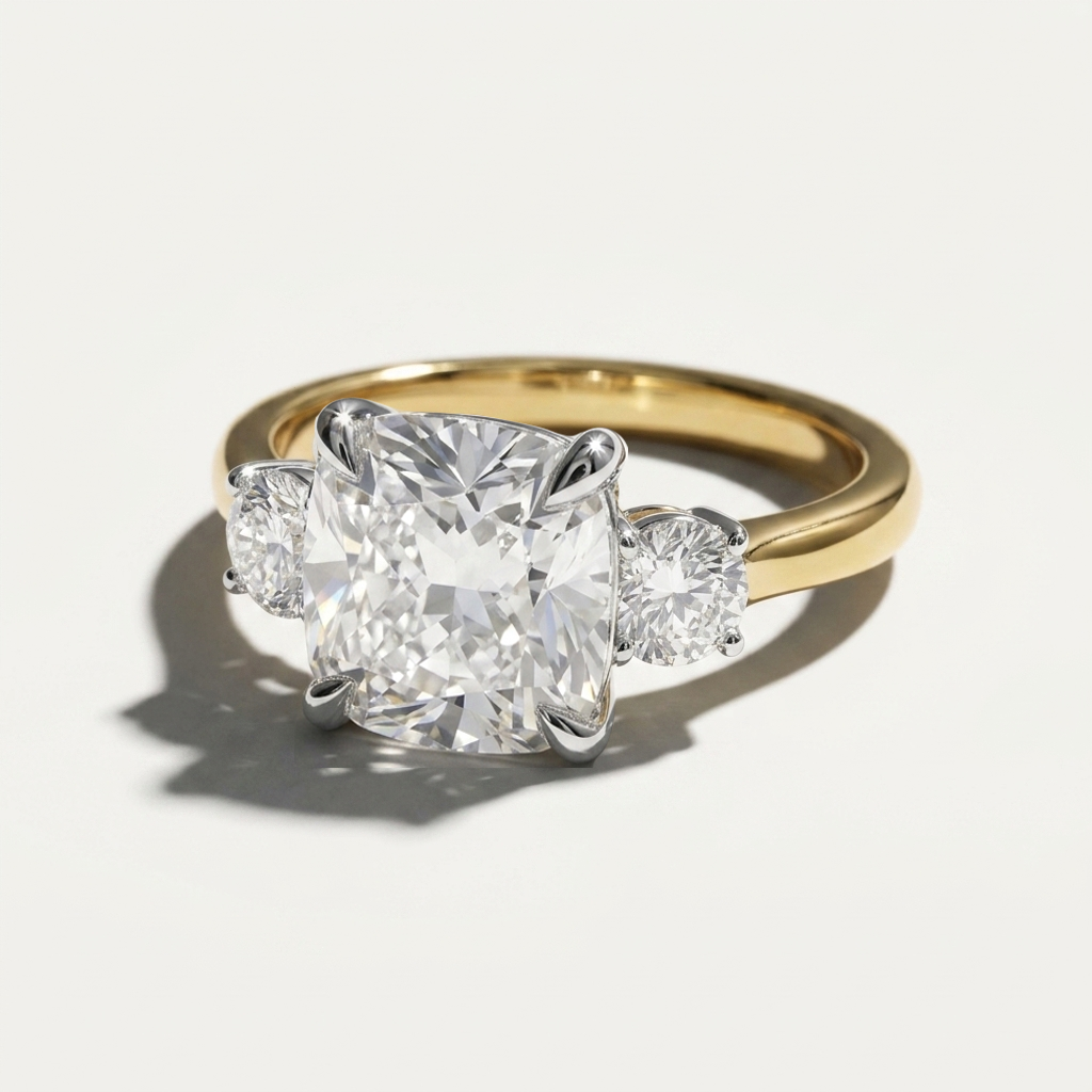 Cushion and round three stone engagement ring 14kt two tone engagement ring, angled view