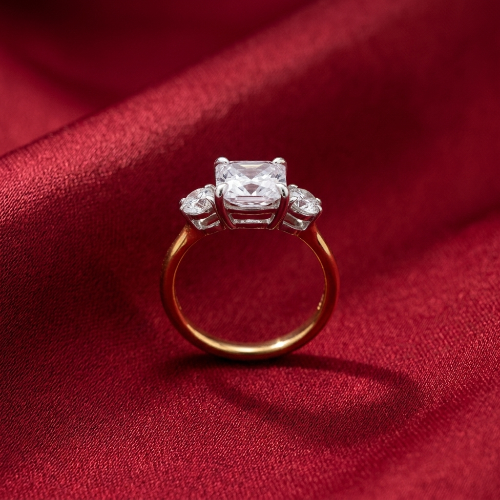Cushion and round three stone two tone engagement ring, side