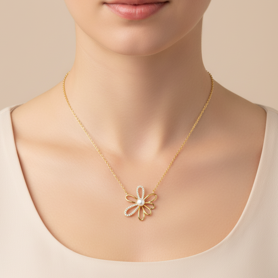 Diamond & Pearl Floral Necklace