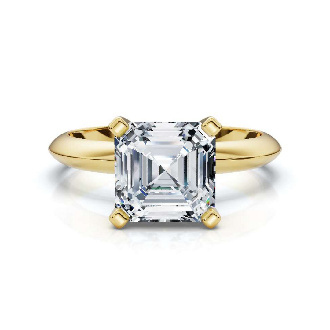 Elegant classic Asscher solitaire diamond ring, featuring a stunning Asscher-cut center diamond set in a timeless four-prong setting, offering a sophisticated and refined design perfect for engagements or special occasions.