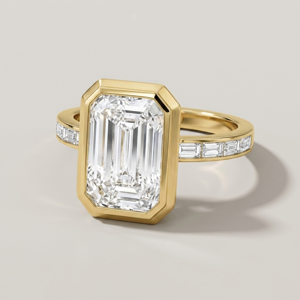 Bezel set emerald cut diamond accented baguette diamond yellow gold engagement ring, angled view