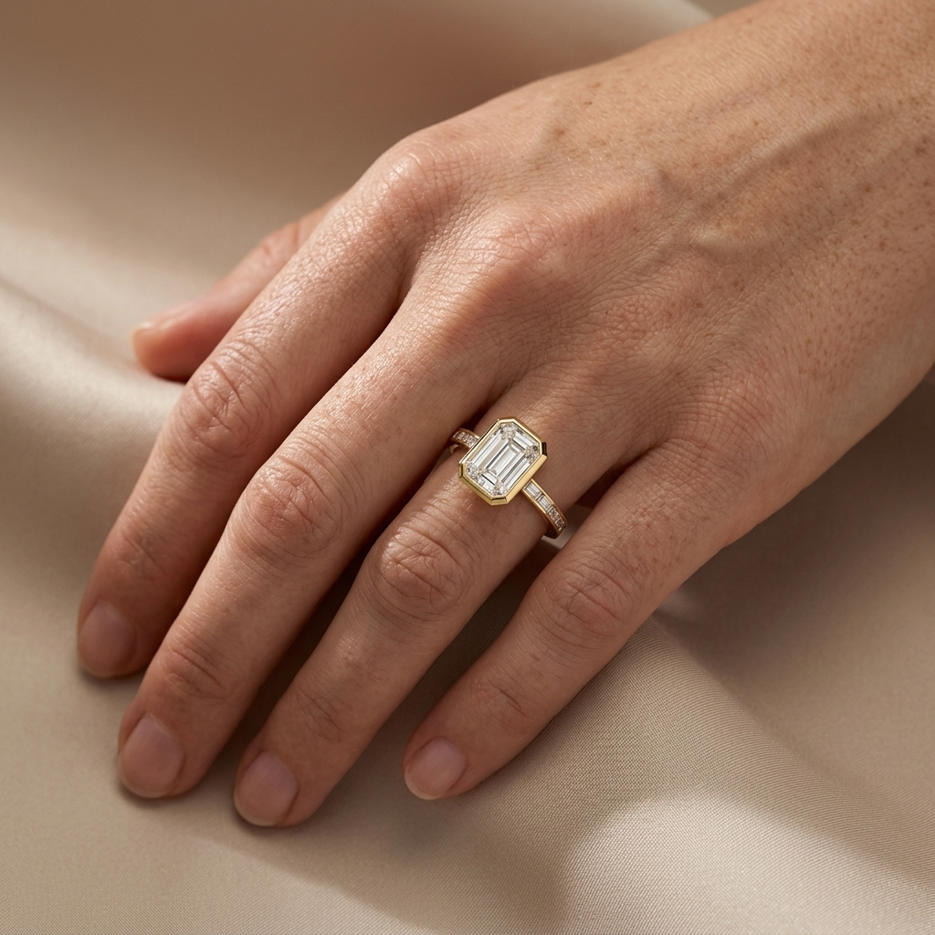 Bezel set emerald cut diamond with accented baguettes yellow gold engagement ring on woman's hand
