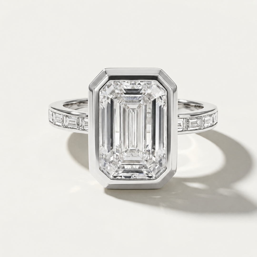 Bezel set emerald cut diamond accented engagement baguette accented white gold band
