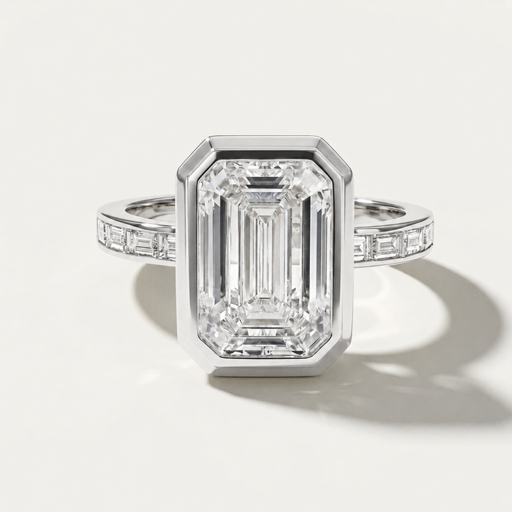 Bezel set emerald cut diamond accented engagement baguette accented white gold band