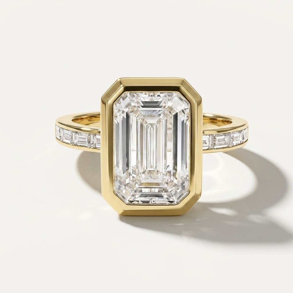 Bezel set emerald cut diamond engagement ring with a diamond baguette accented yellow gold band