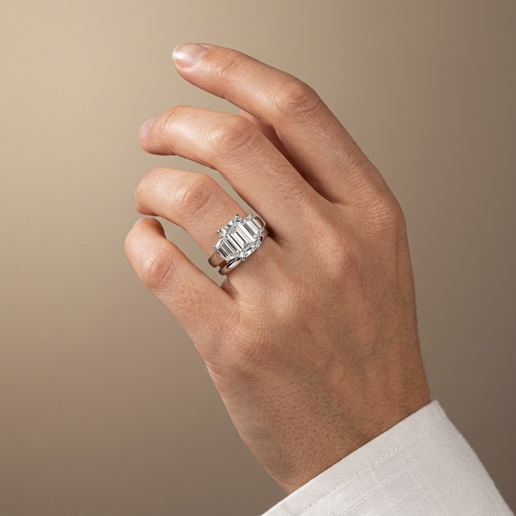 Emerald and trapezoid three stone engagement ring, alternate view