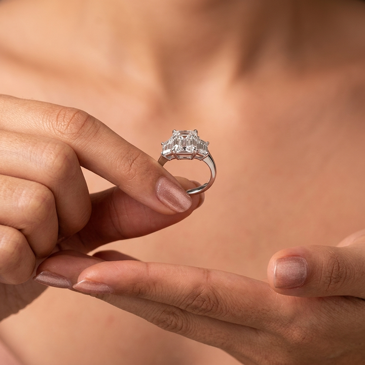 Emerald and trapezoid three stone engagement ring, detail view