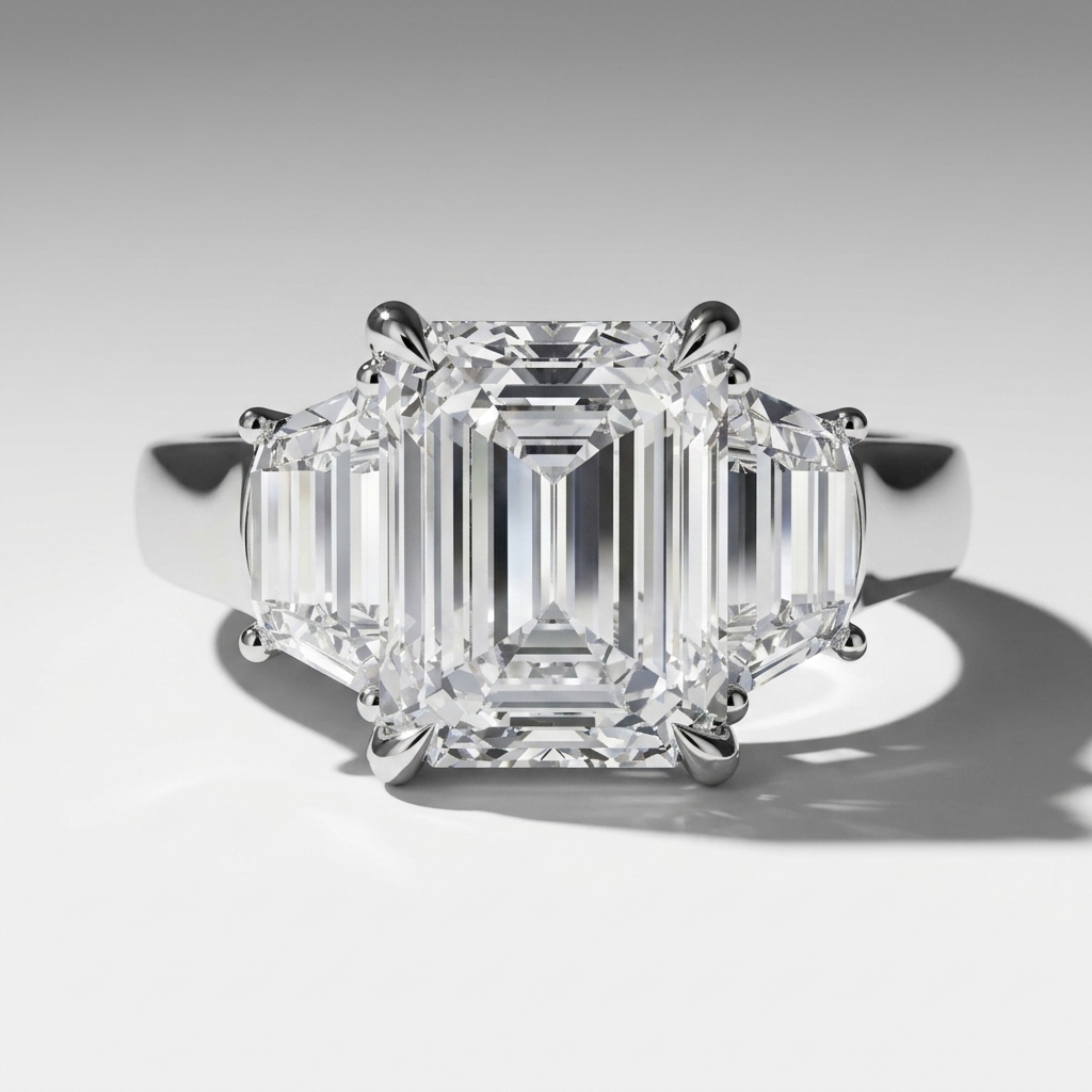 Three stone engagement ring with emerald cut center and trapezoid side stones