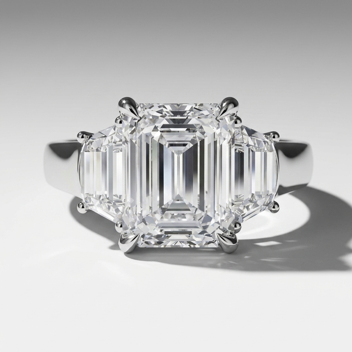 Three stone engagement ring with emerald cut center and trapezoid side stones