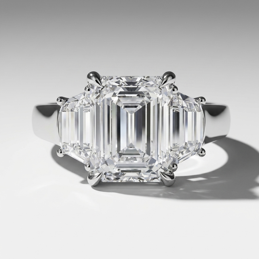 Three stone engagement ring with emerald cut center and trapezoid side stones