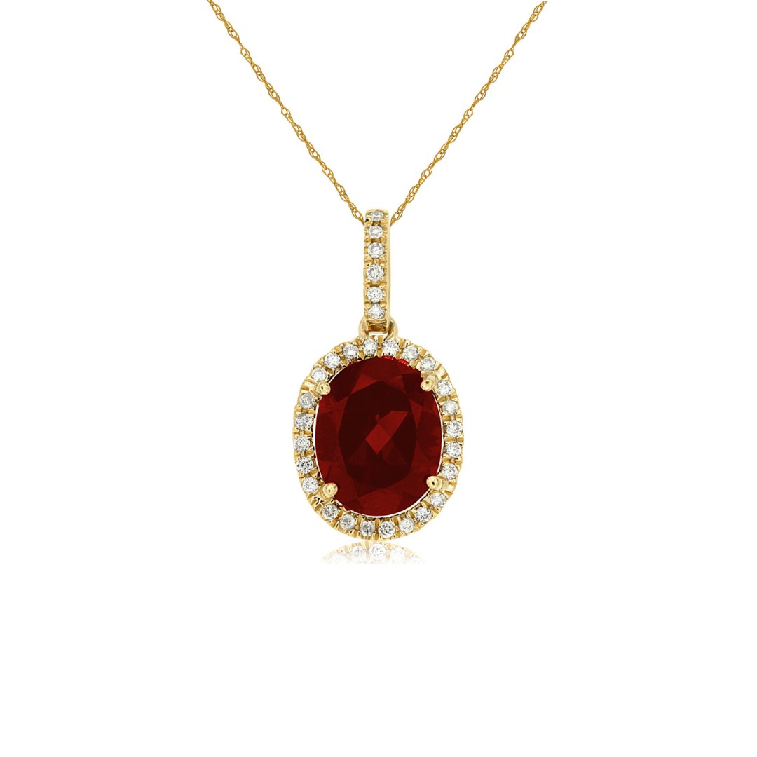 Elegant garnet and diamond halo necklace, featuring a vibrant garnet gemstone surrounded by a sparkling halo of diamonds on a delicate chain, offering a luxurious and sophisticated look perfect for any occasion.