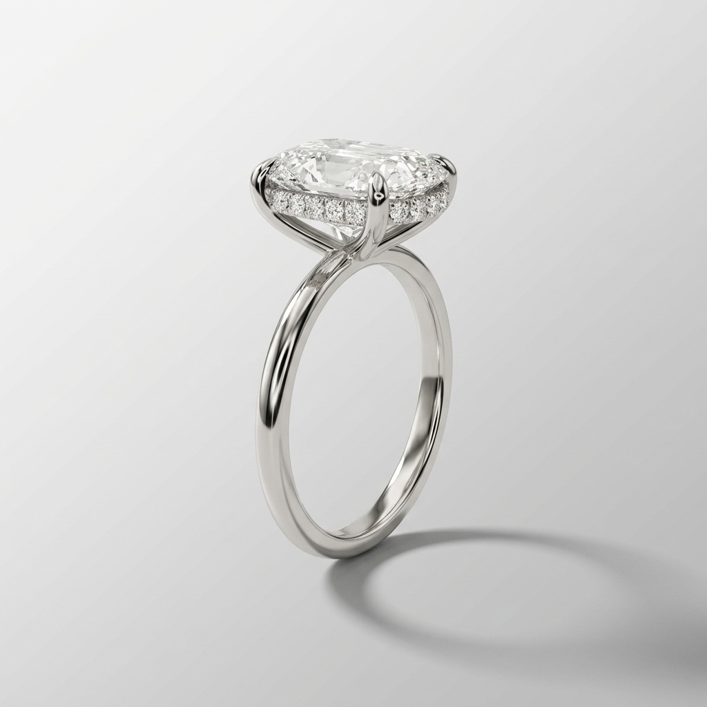 Radiant hidden halo solitaire engagement ring, detail view