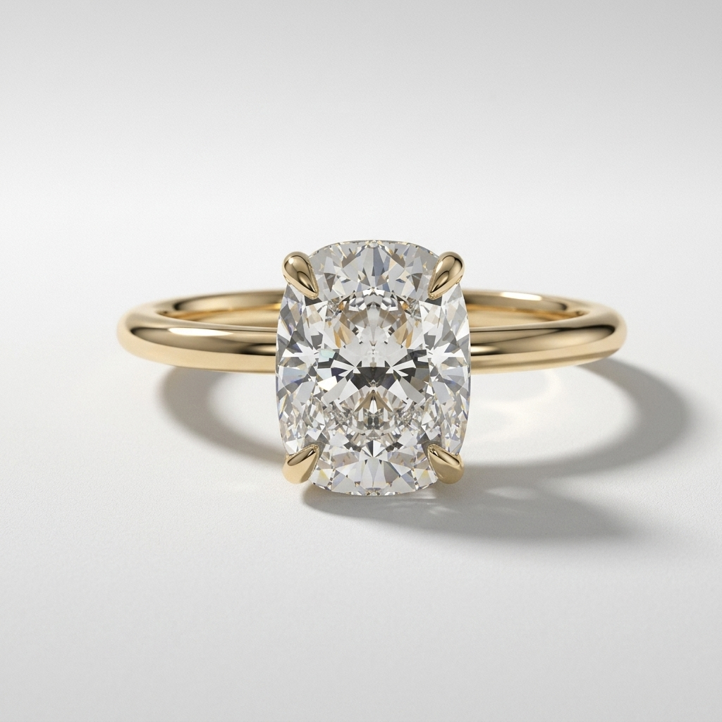 Elongated cushion hidden halo solitaire ring, alternate view