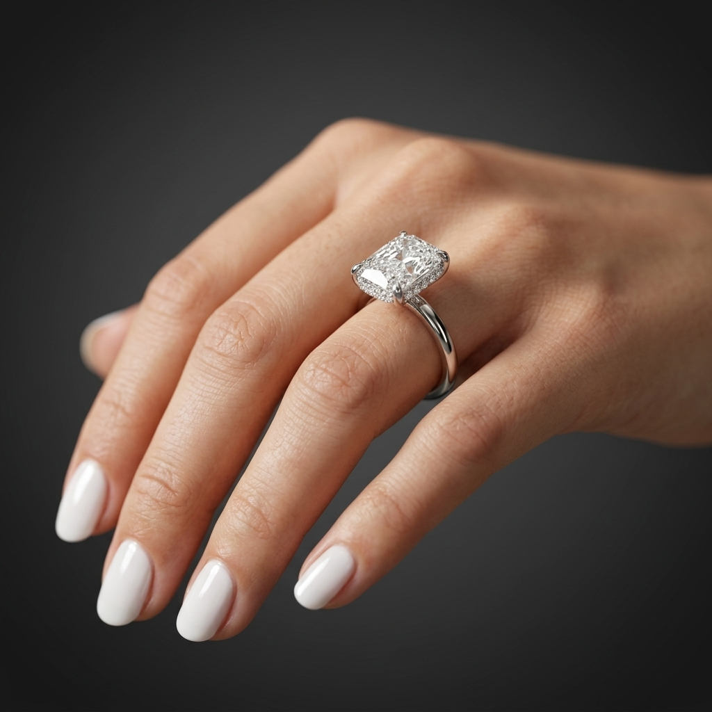 Elongated cushion hidden halo solitaire ring, additional view