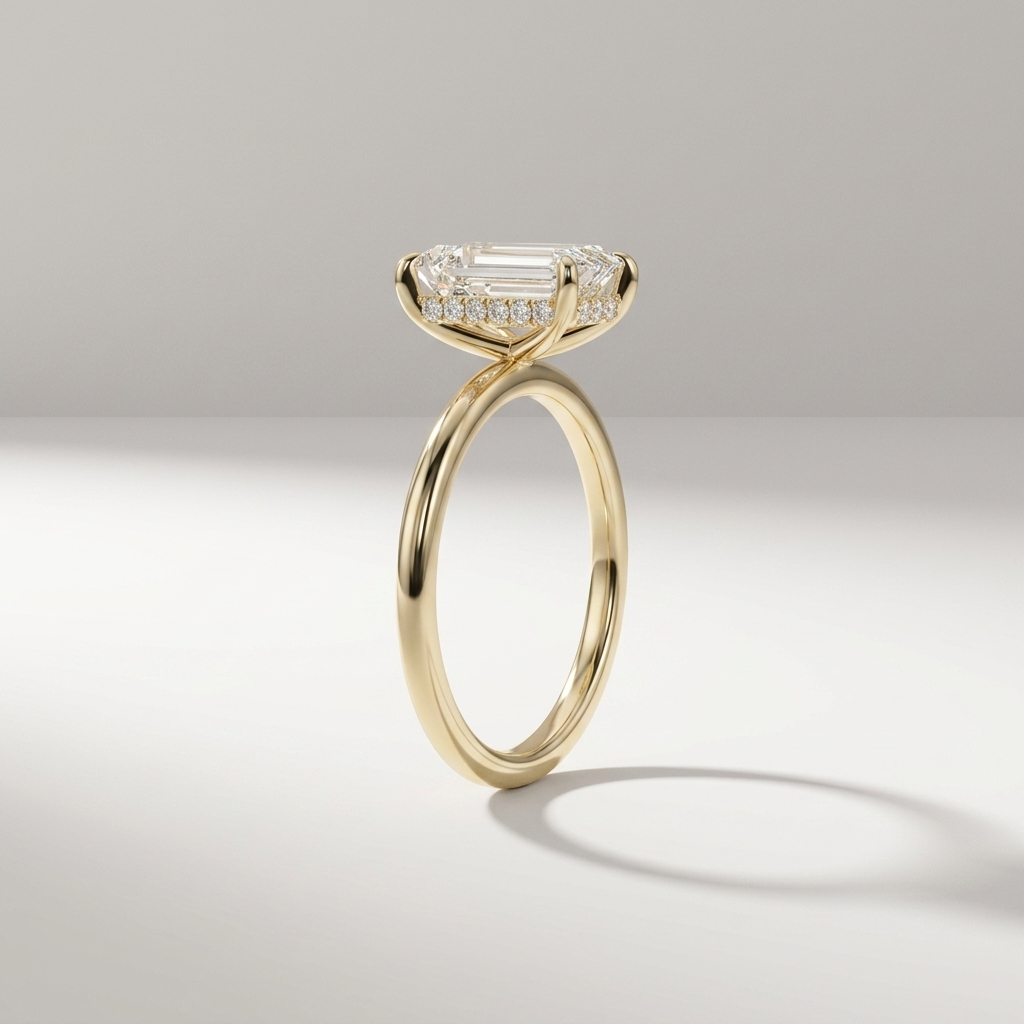 Emerald cut hidden halo solitaire ring, detail view