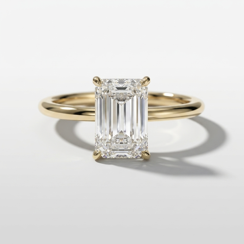 Emerald cut diamond solitaire engagement ring with a hidden halo