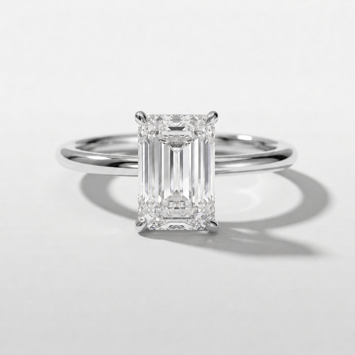 Emerald cut hidden halo solitaire ring, alternate view