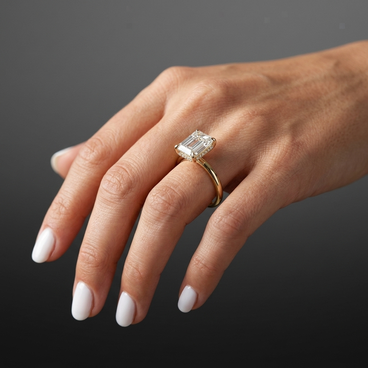 Emerald cut hidden halo solitaire ring, additional view