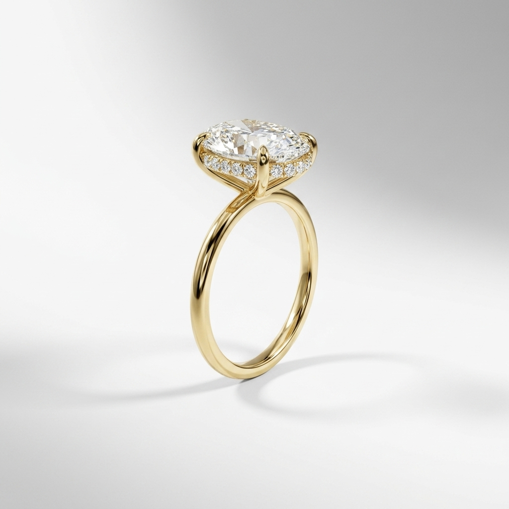Oval hidden halo solitaire engagement ring, detail view