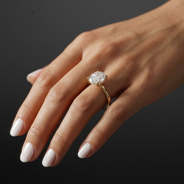Oval hidden halo solitaire engagement ring, additional view