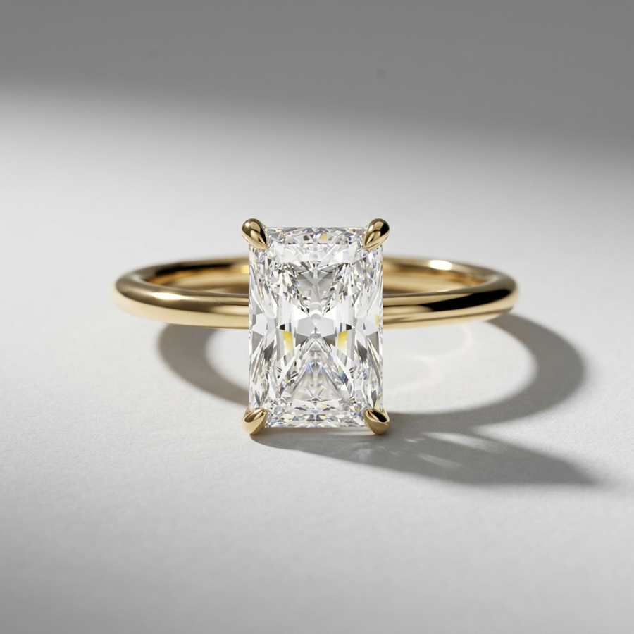 Radiant cut diamond solitaire engagement ring with a hidden halo