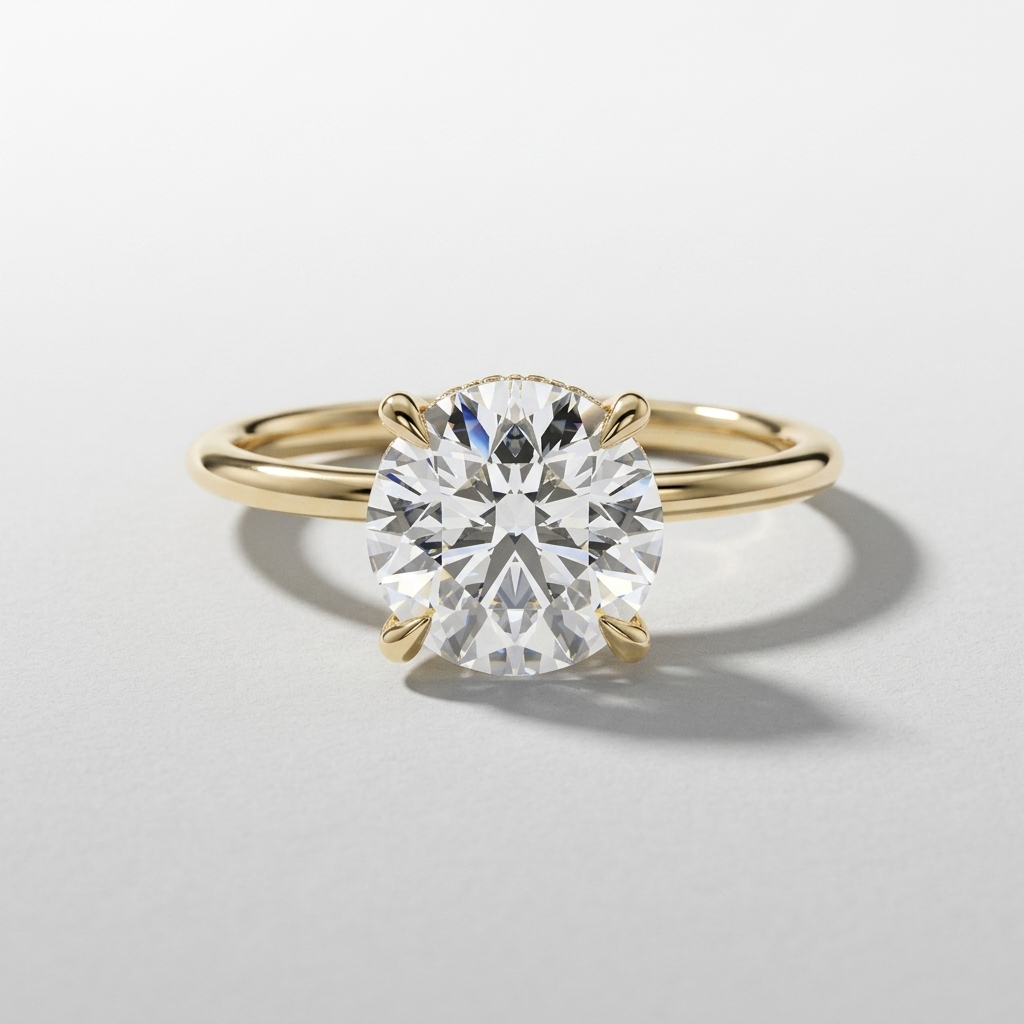 Round diamond solitaire engagement ring with a hidden halo