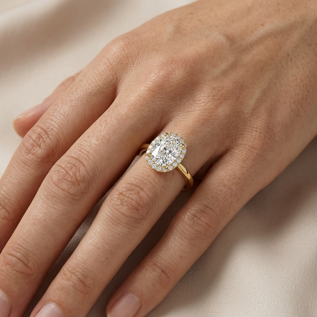 Elongated cushion diamond halo engagement ring, detail view